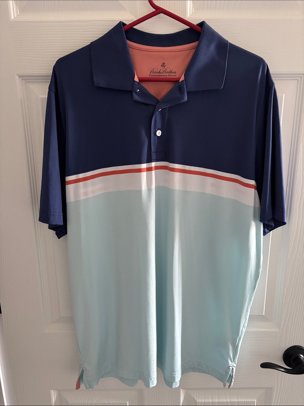 Brooks Brothers Navy, Light Blue & Coral Striped Polo